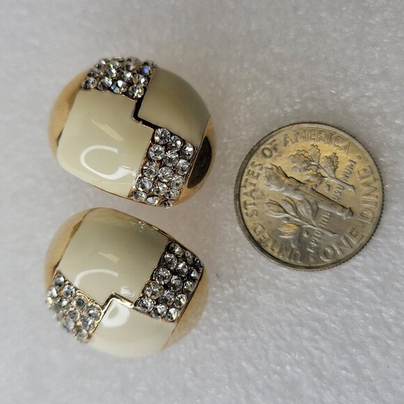 White And Gold Oval Earrings with Clear Crystals Small White Earrings - Picture 6 of 9